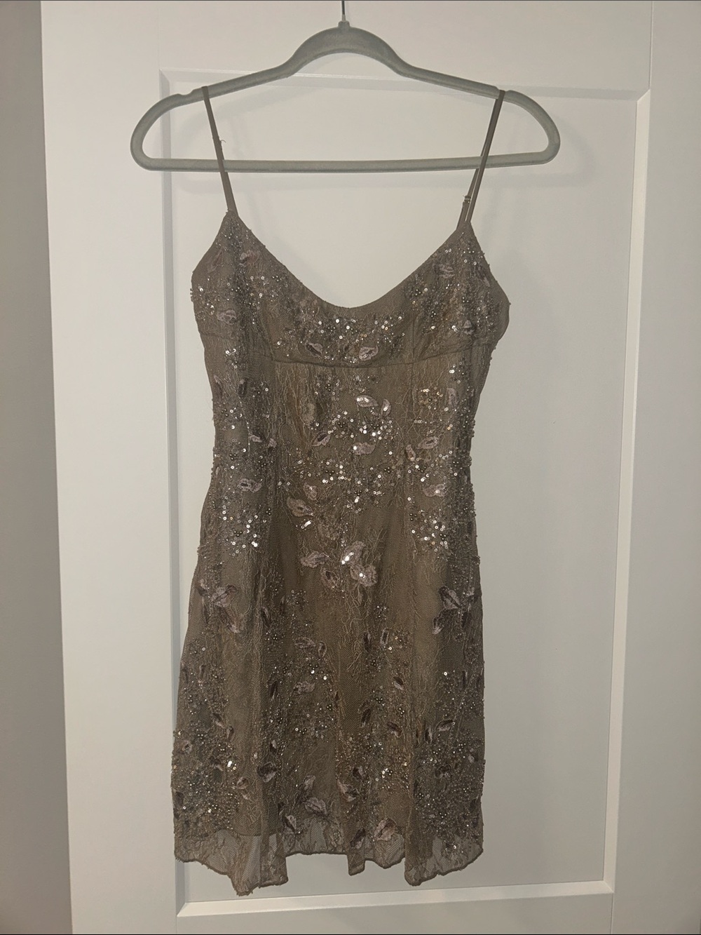 Oh Polly Taupe Lace Beaded Mini Dress